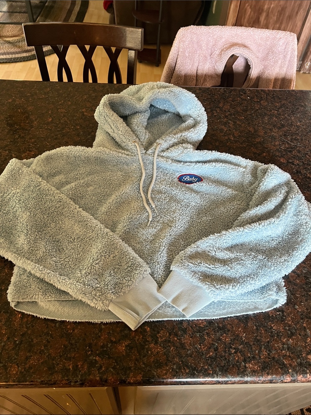 Cozy Light Blue Sherpa Hoodie with 'Baby' Patch